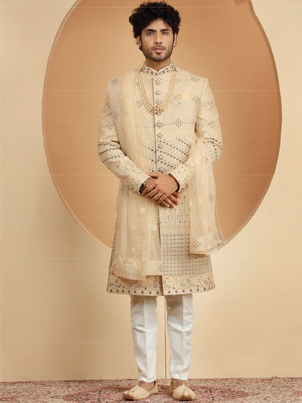 Beige Heavy Embroidered Wedding Mens Sherwani
