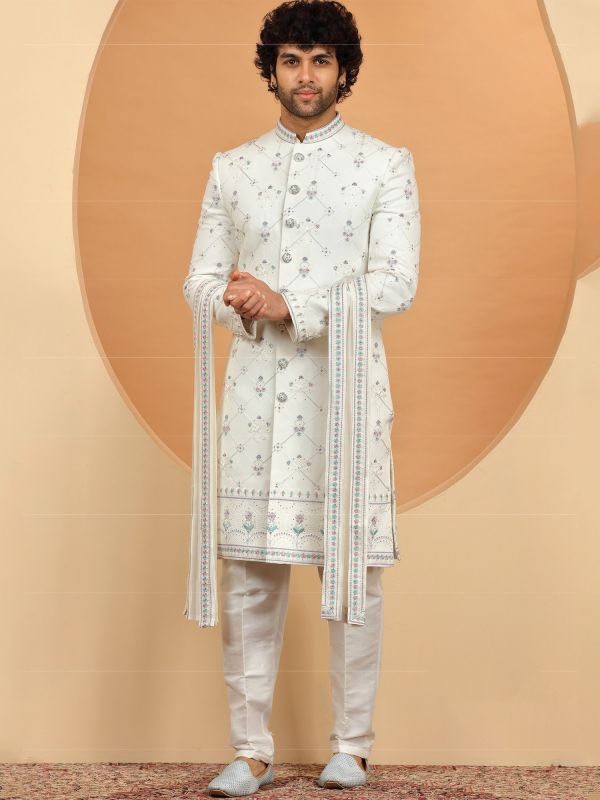 White Wedding Wear Mens Sherwani In Silk