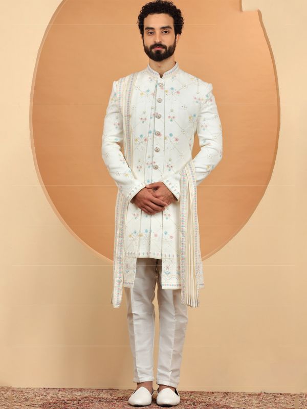 White Thread Embroidered Sherwani For Mens