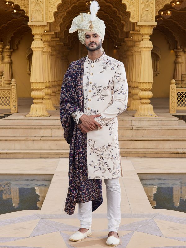 Cream Floral Motif Embellished Mens Sherwani