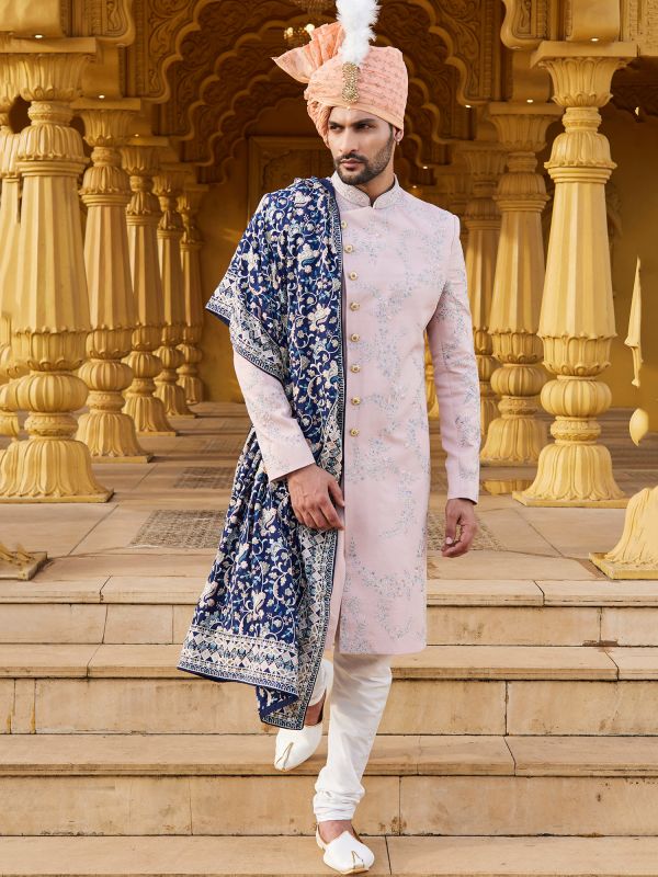 Pink Floral Embroidered Sherwani For Mens