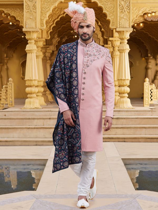 Pink Silk Sherwani For Mens In Embroidery