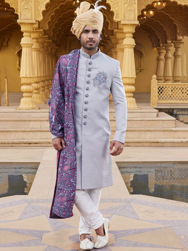 Grey Wedding Silk Sherwani For Mens