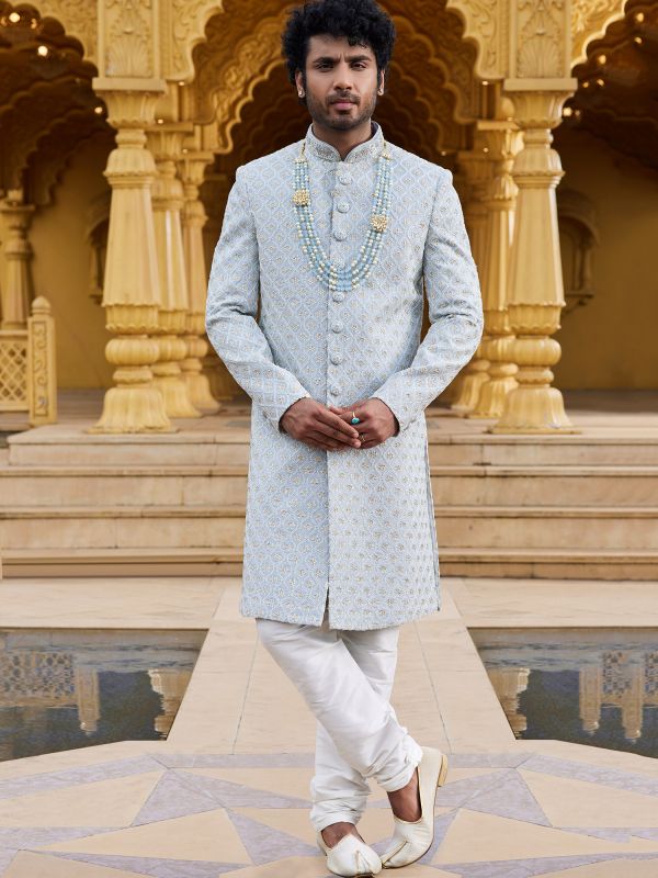 Blue Stone Work Silk Sherwani