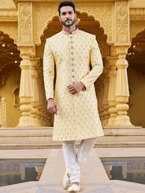 Yellow Mens Sherwani With Thread Embroidery
