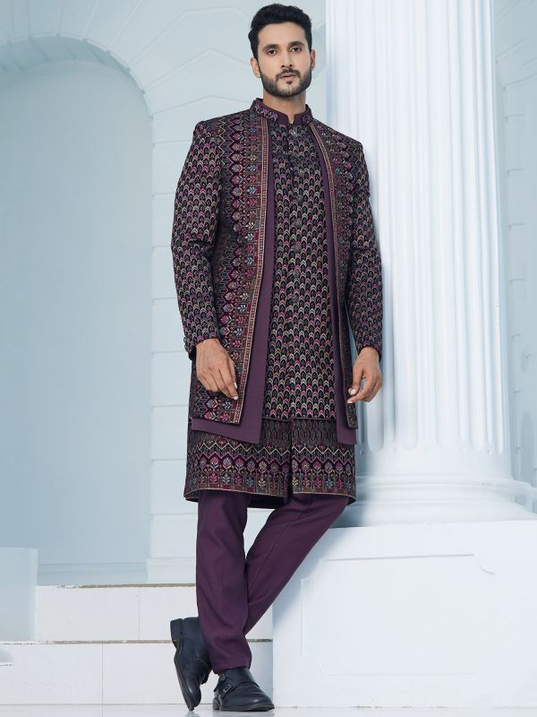 Purple Heavy Embroidered Jacketed Style Indowestern