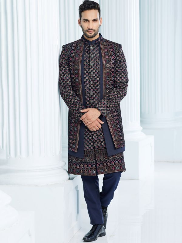 Blue Mens Embroidered Indowestern