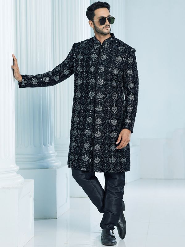Black Embroidered Menswear Indowestern