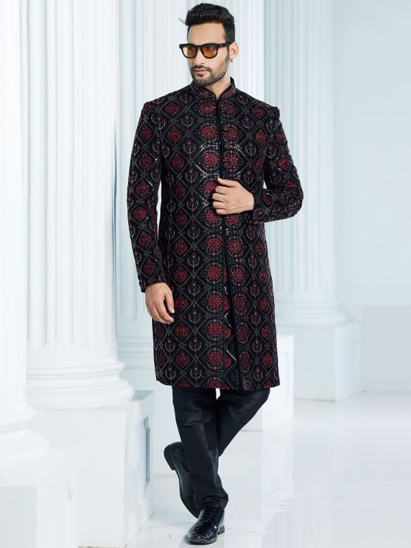 Black Thread Work Embellished Mens Indowestern