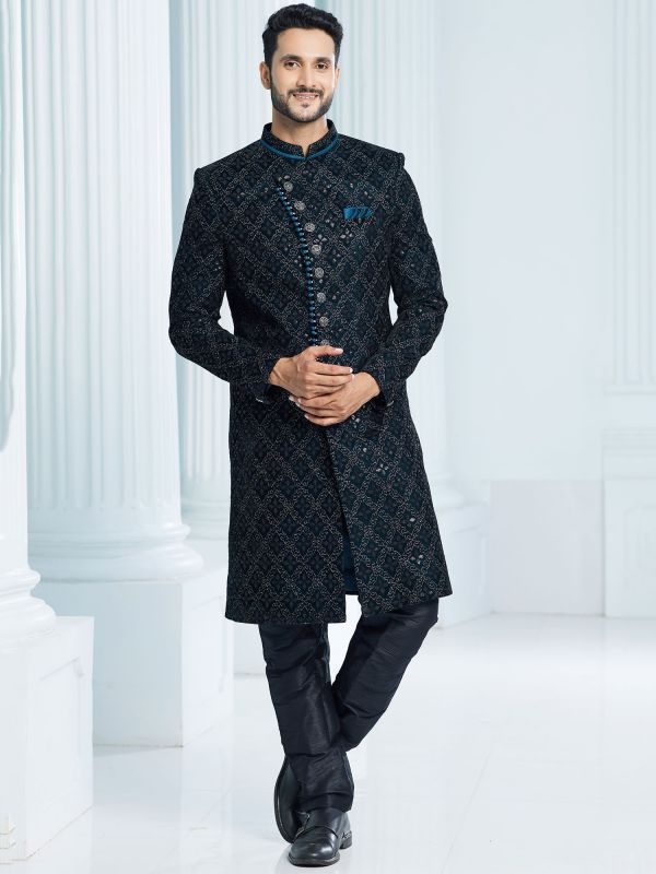 Blue Zari Work Angrakha Style Mens Indowestern