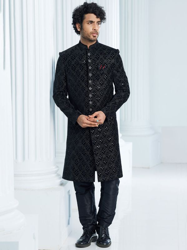 Black Velvet Fabric Indowestern for mens
