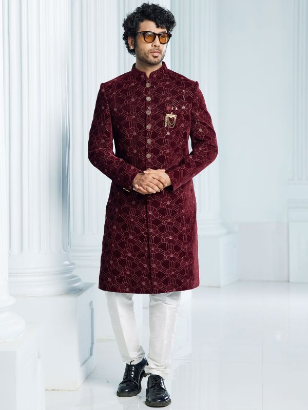 Maroon Floral Embroidered Velvet Indowestern