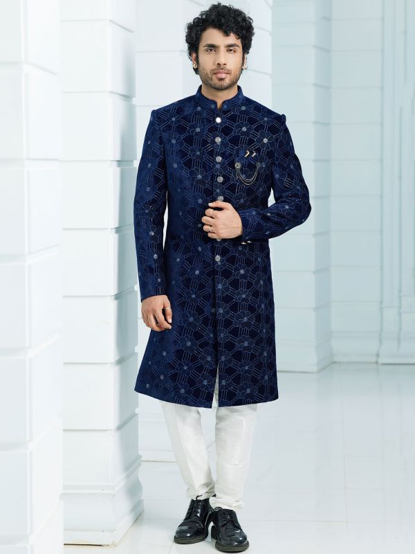 Blue Floral Designed Velvet Mens Indowestern