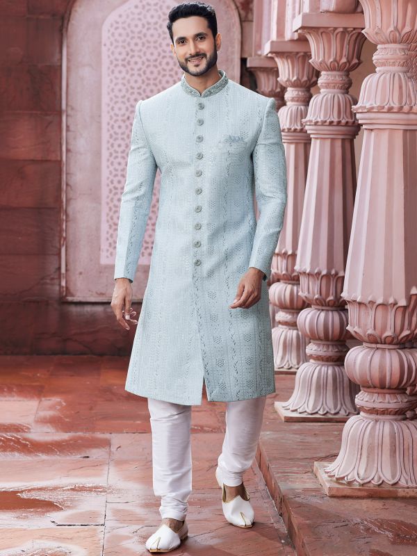 Sky Blue Mens Embroidered Indowestern