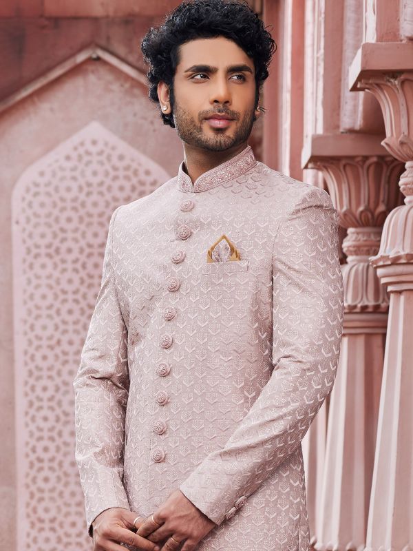 Nude Pink Indowestern For Mens In Weaving Fabric
