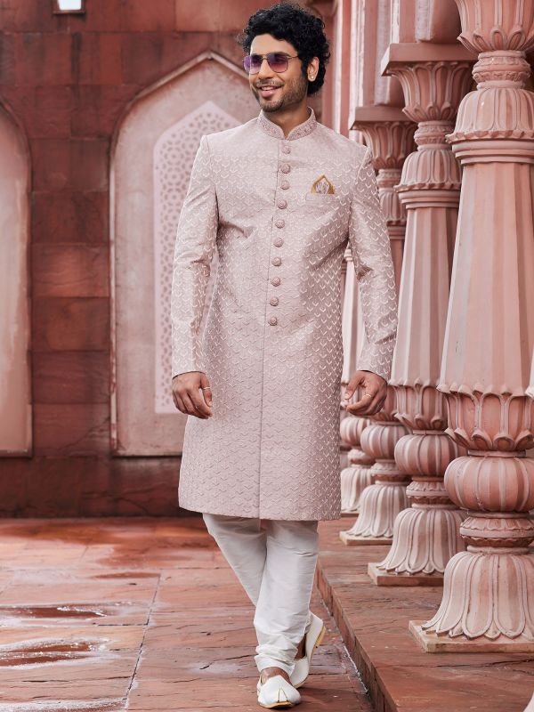 Nude Pink Indowestern For Mens In Weaving Fabric