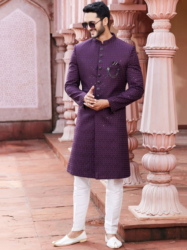 Purple Heavy Embroidered Indowestern For Mens