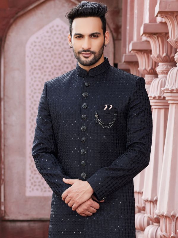 Deep Blue Mens Wedding Indowestern Sherwani