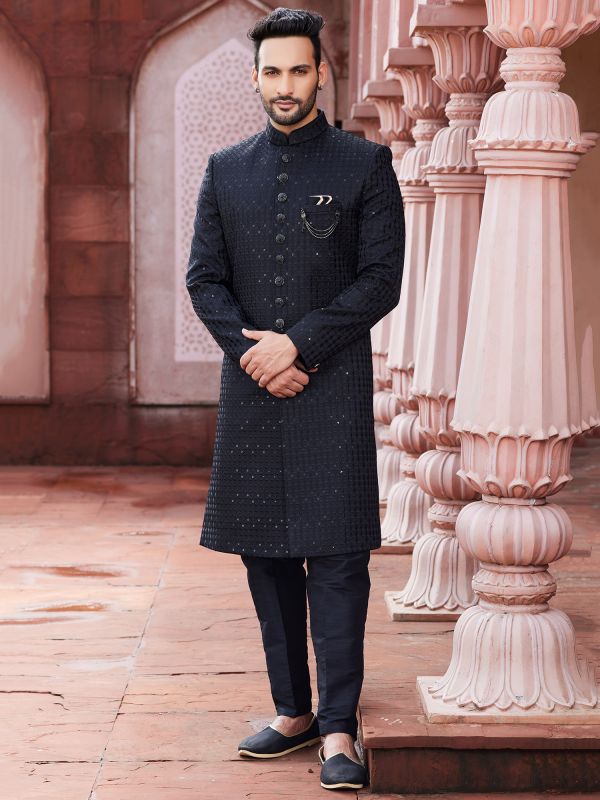 Deep Blue Mens Wedding Indowestern Sherwani