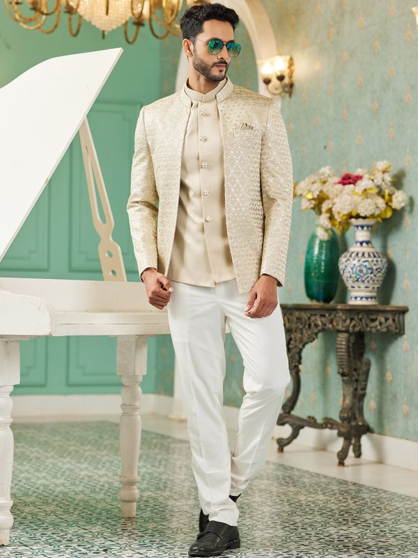 Beige Mens Jacket Style Bandhgala Suit