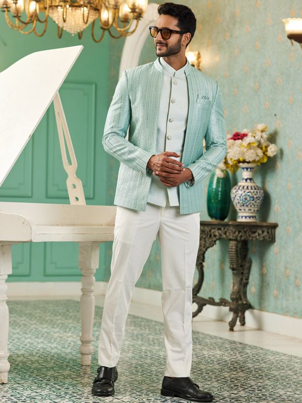 Sky Blue Sequin Augmented Mens Bandhgala Suit