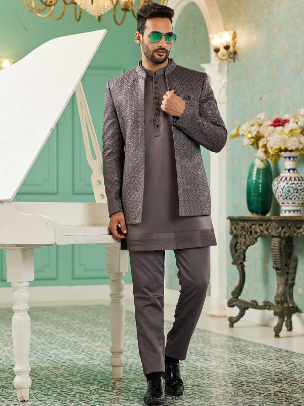 Grey Mens Jodhpuri Suit With Embroidered Jacket
