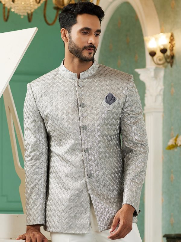 Grey Stylish Jodhpuri Suit For Mens In Silk