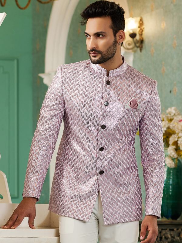 Pink Sequin Decorated Mens Bandhgala Suit