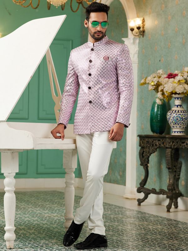 Pink Sequin Decorated Mens Bandhgala Suit