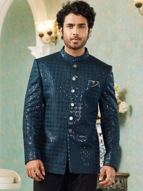 Royal Blue Mens Sequined Jodhpuri Suit