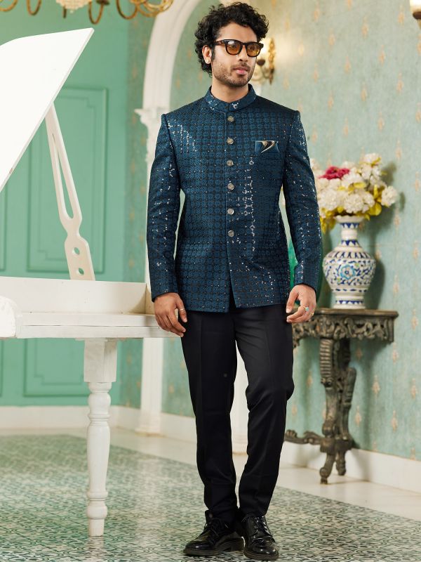 Royal Blue Mens Sequined Jodhpuri Suit