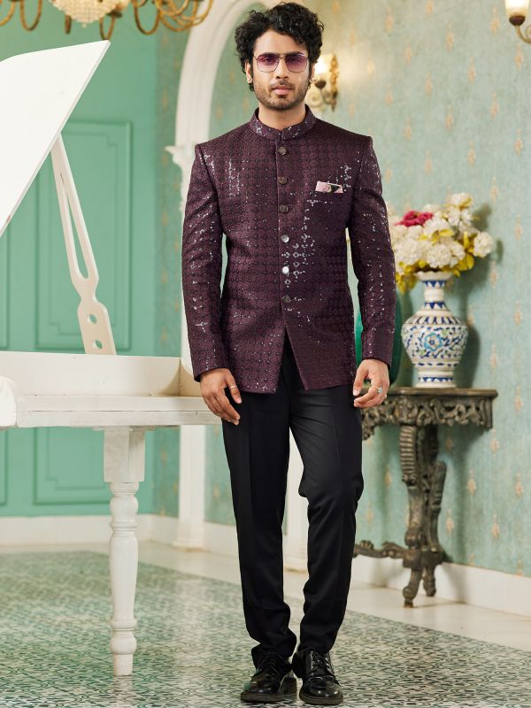 Maroon Heavy Embroidered Mens Jodhpuri Suit