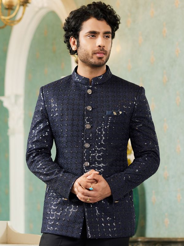 Deep Blue Designer Bandhagla Suit For Mens