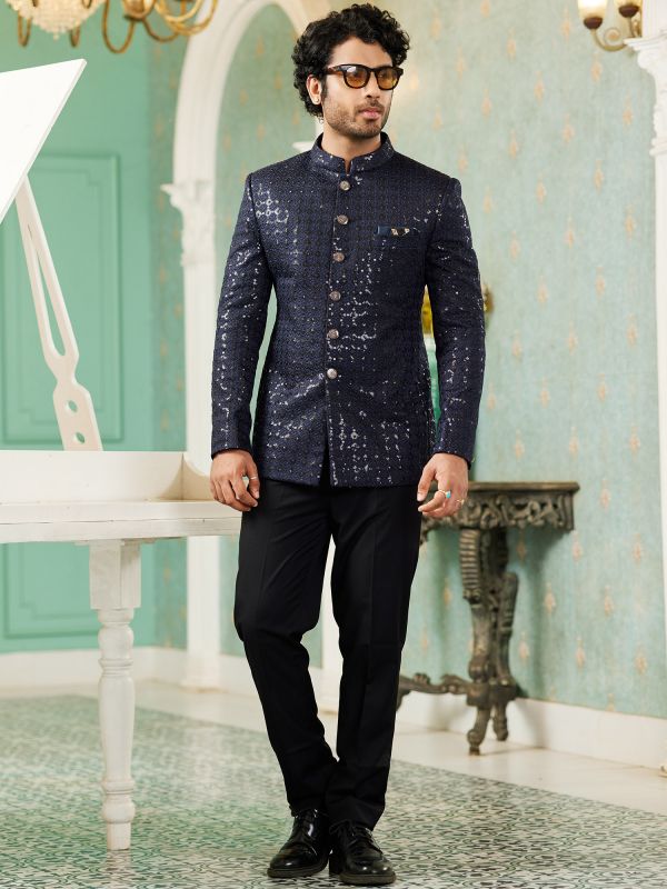 Deep Blue Designer Bandhagla Suit For Mens