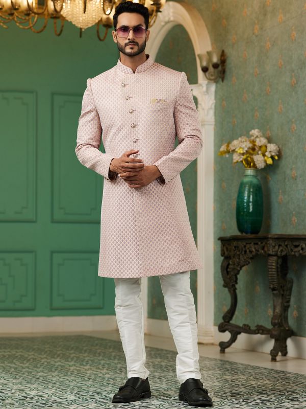 Pastel Pink Jacquard Silk Indowestern For Mens