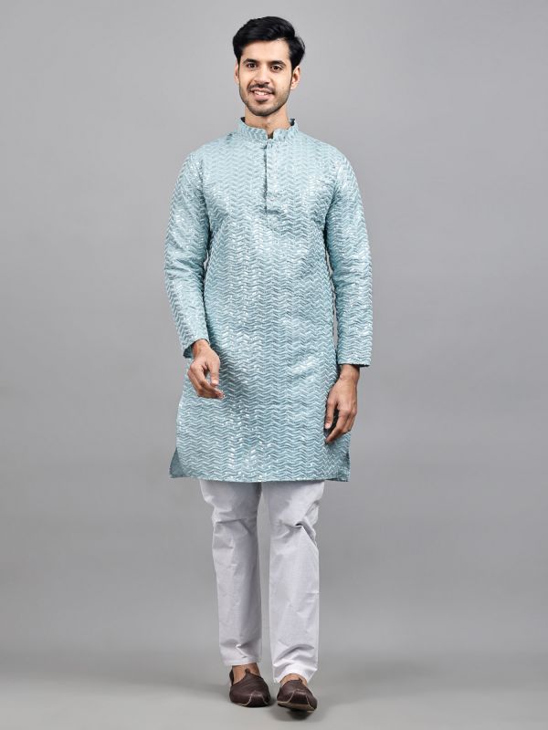 Light Blue Sequined Readymade Kurta Pyjama In Silk