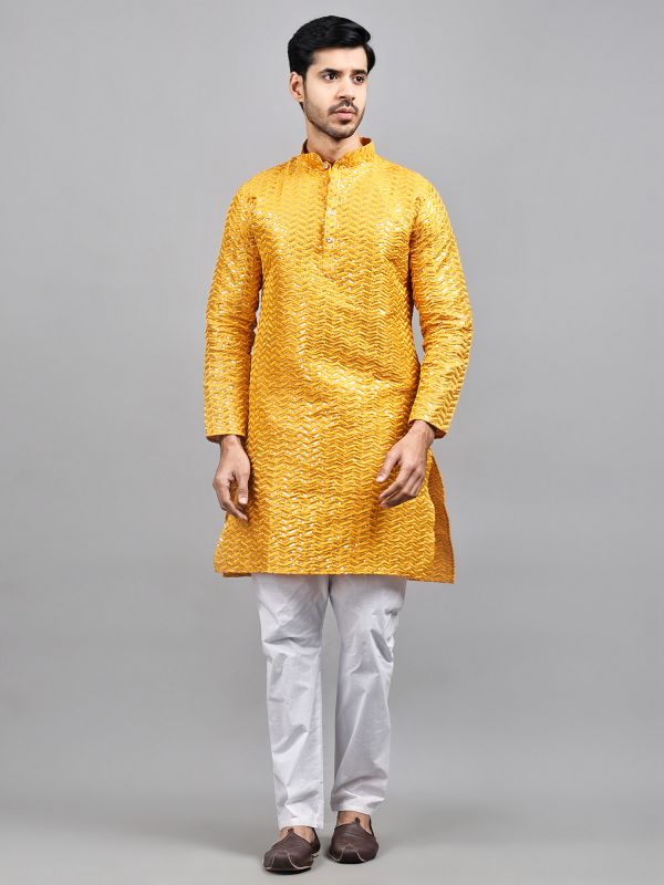Yellow Readymade Sequined Kurta Pyjama In Silk 