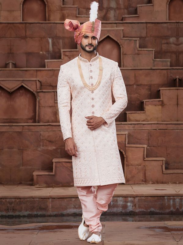 Baby Pink Stone Embellished Mens Silk Sherwani Set