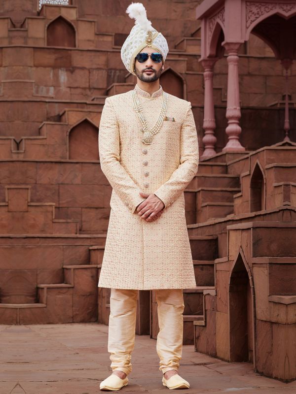 Ivory Golden Mens Sherwani With Churidaar In Silk