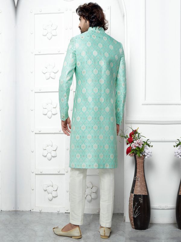 Mint Green Self Woven Jacketed Style Mens Indowestern