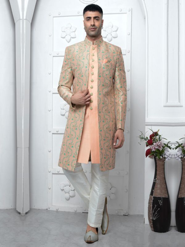 Baby Peach Layered Pattern Indowestern For Mens