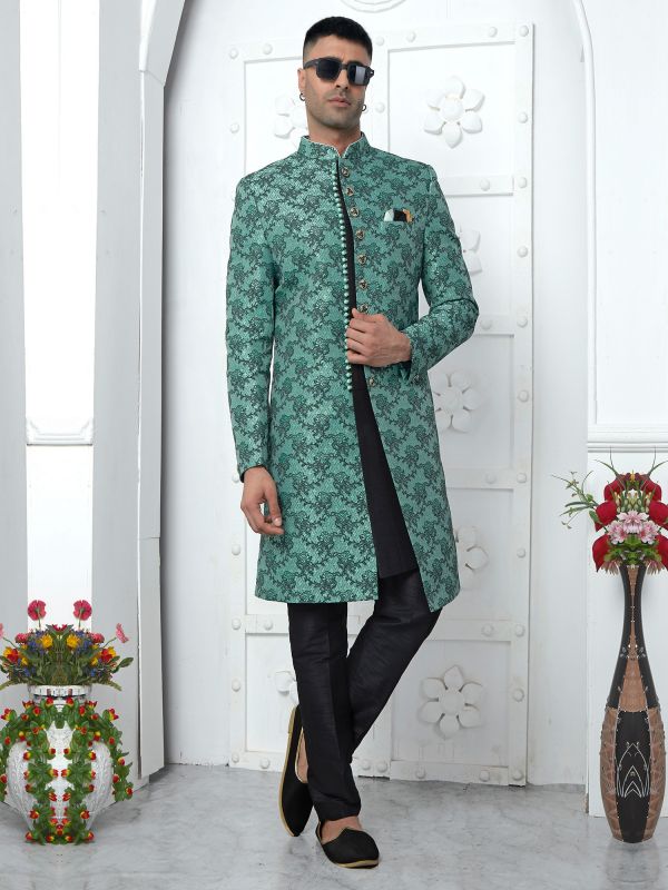 Teal Green Jacketed Style Mens Indowestern In Silk