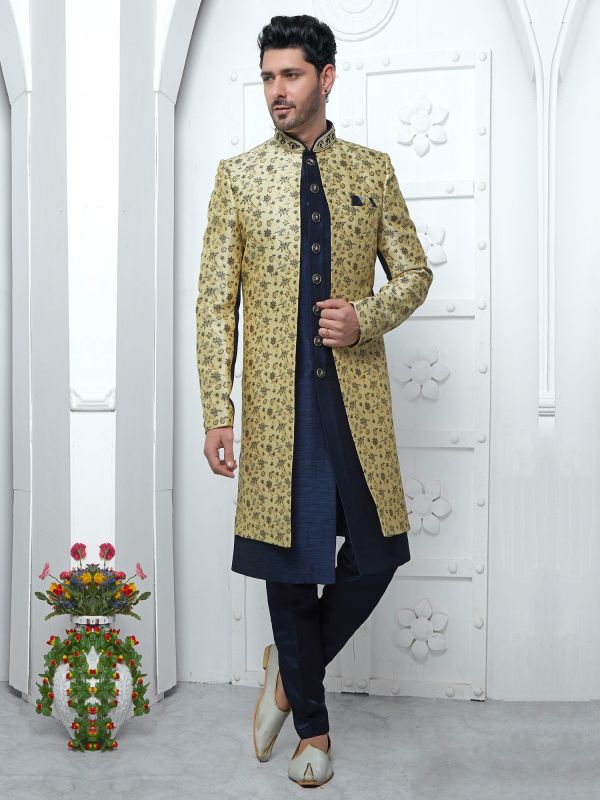 Navy Blue Jacketed Style Mens Indowestern In Floral Woven