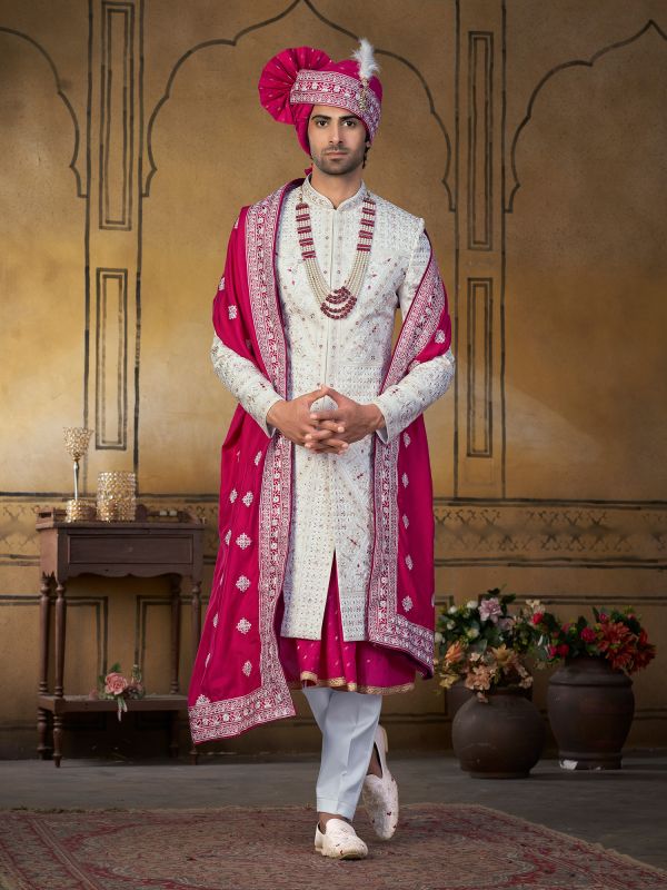 White Stone Embroidered Silk Sherwani With Anarkali Kurta