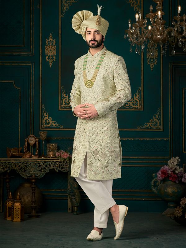 Olive Green Thread Embroidered Achkan Style Sherwani