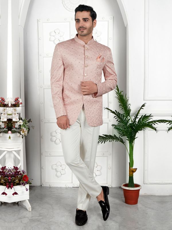 Mauve Pink Thread Work Bandhgala Suit In Art Silk
