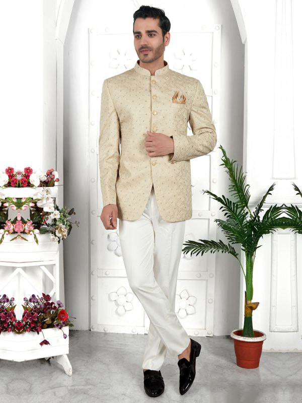 Beige Art Silk Bandhgala Suit For Mens