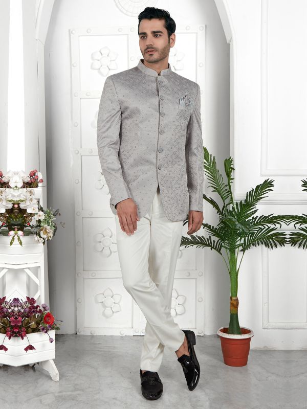 Grey Art Silk Thread Work Mens Jodhpuri Set