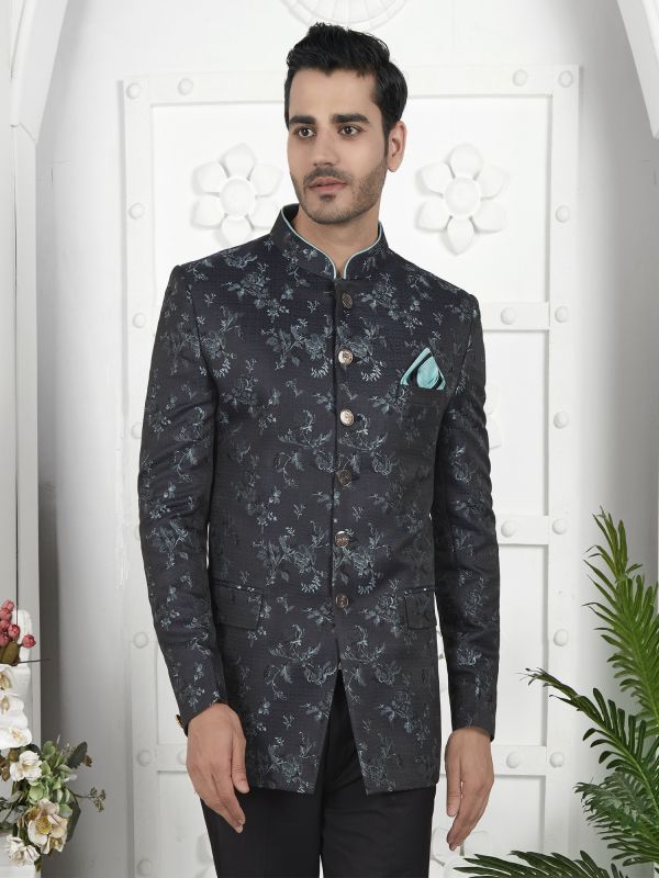 Black Weaving Embellished Bandhgala Suit In Jacquard