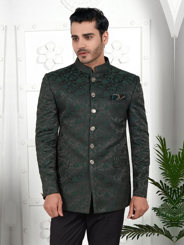 Dark Green Floral Embellished Mens Bandhgala Suit